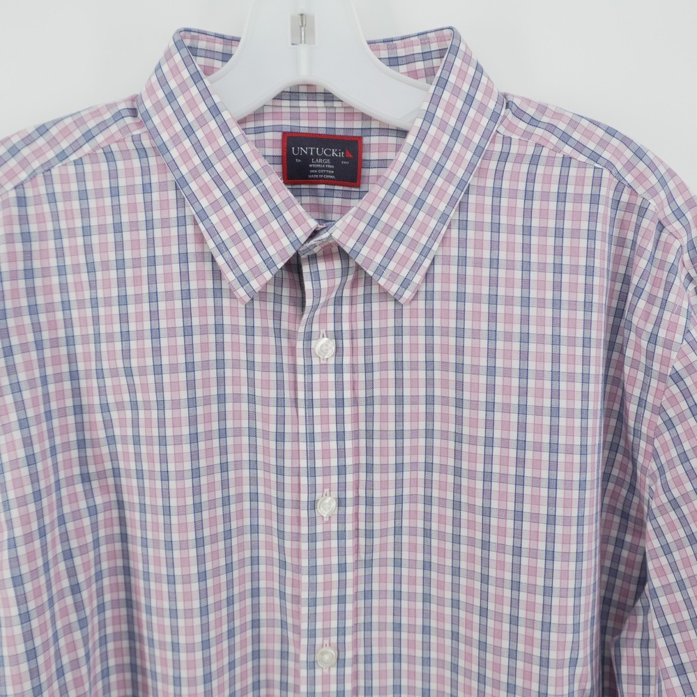 UNTUCKit Button Down Shirt Mens Large Pink Blue Check Dolcetto Wrinkle Free
